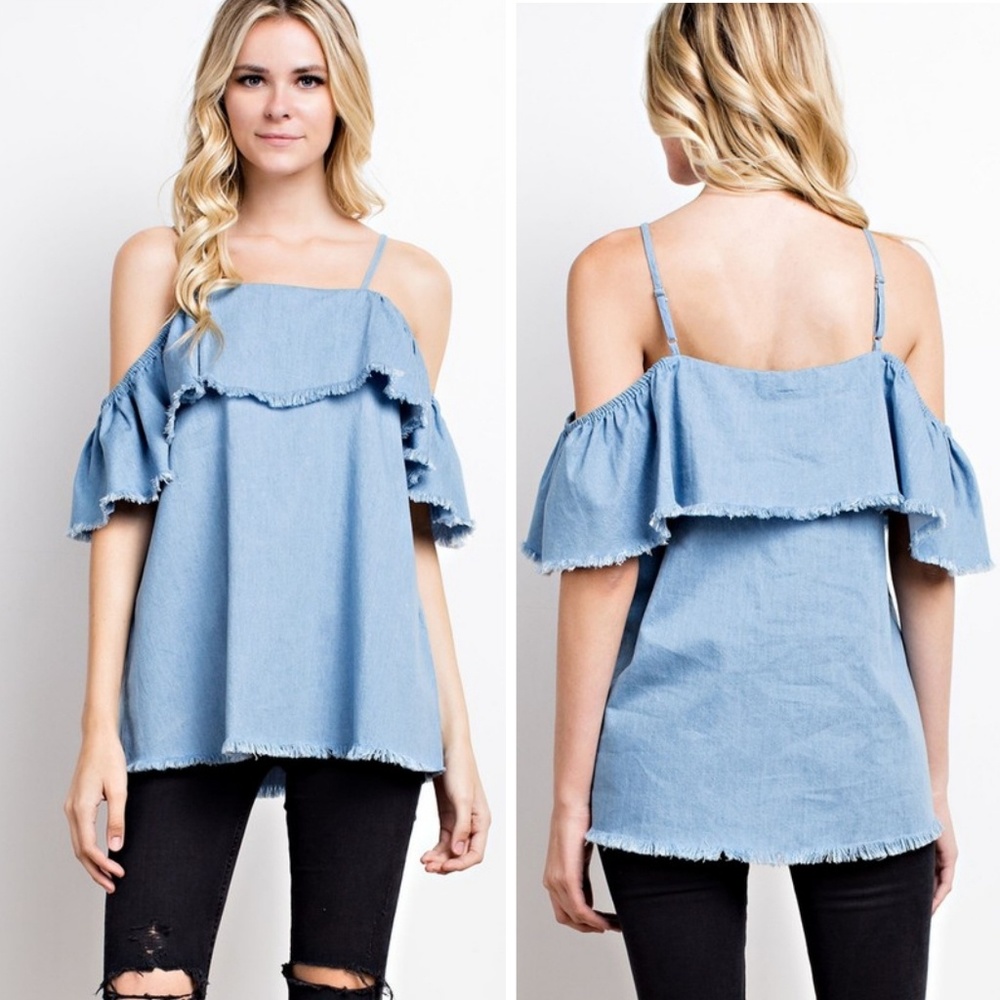 Cold Shoulder Chambary Ruffle Raw Hem Top